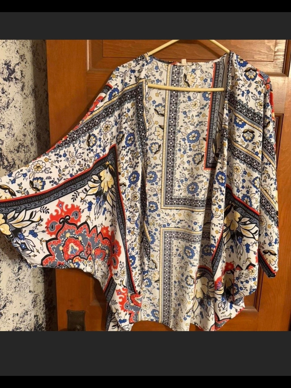 Boho Floral Print Kimono Cardigan - White, Blue & Red